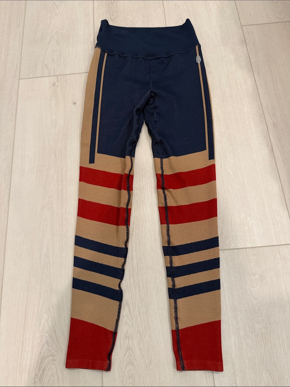 Free People Movement Striped Knit Leggings in Navy, Tan & Red SZ XS